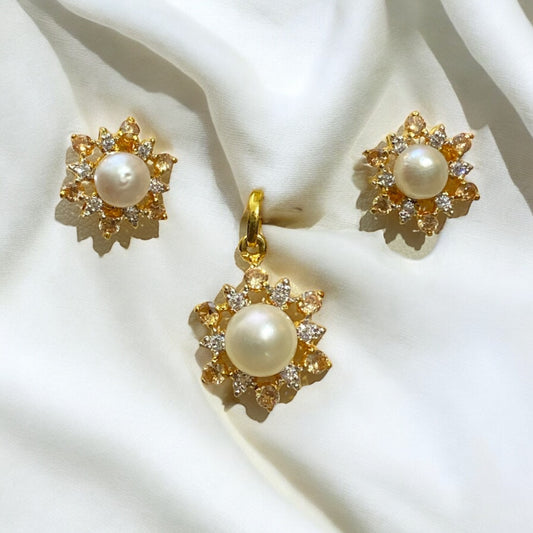 Gold Plated Silver Locket Set Floral Pearl